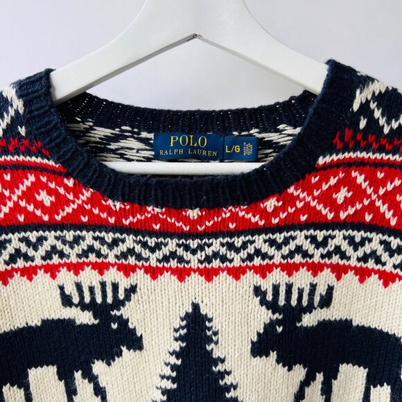 Polo Ralph Lauren Fair Isle Moose Tree Knit Sweater, White/red/blue, Size L P11 - Picture 3 of 9